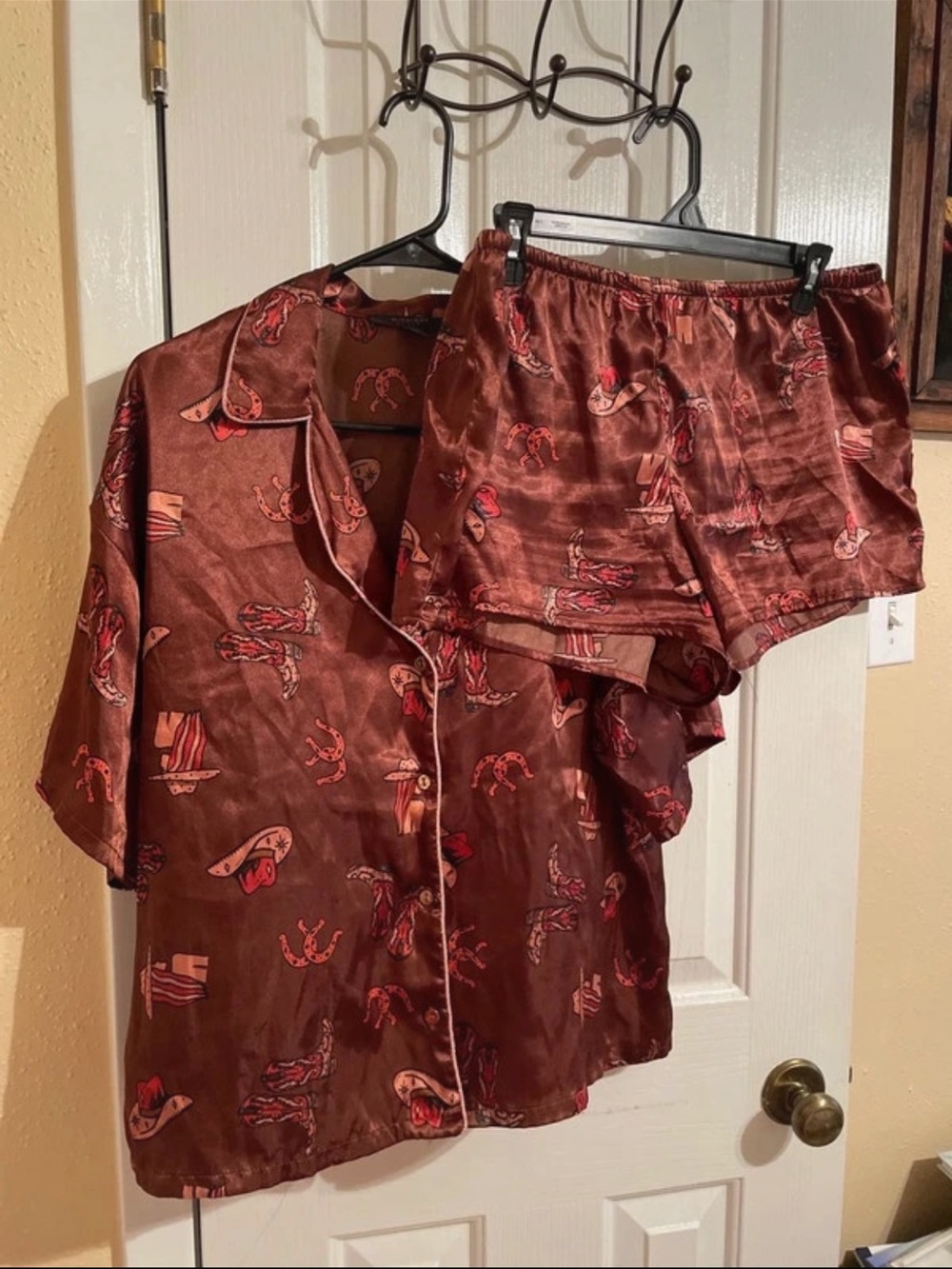 Satin Short Sleeve Pajama Set - Brown Cowboy Print